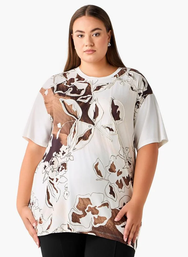  أولا بوبكن Ulla Popken Relaxed Fit T-shirt with Applique Accent