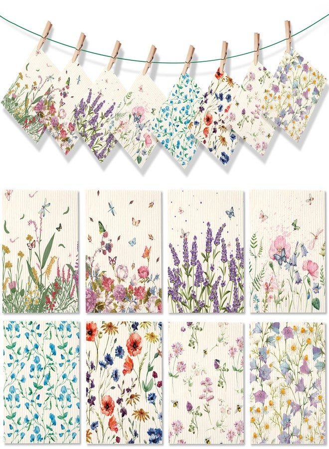 Vesici 8 Pieces Wildflowers Swedish Kitchen Dishcloths Butterflies and Flowers Towels Set Absorbent Dish Cleaning Cloths Reusable Sponge Quick Drying Dishcloths for Home Kitchen Cleaning - Image 1