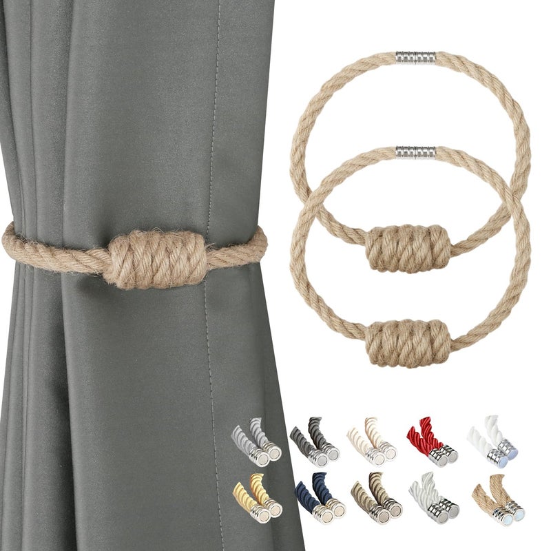 BEL AVENIR Magnetic Jute Curtain Tiebacks Decorative Drapery Holdbacks Bohemian Style Woven TieBacks with Exquisite Knot Jute 2 Pack