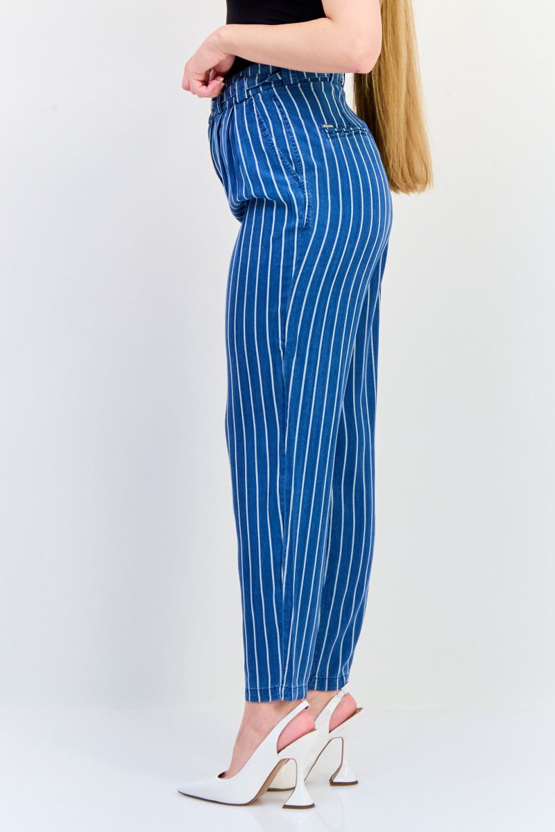 SALSA Women Regular Fit Belted Stripe Straight Pants, Multicolor - Image 3