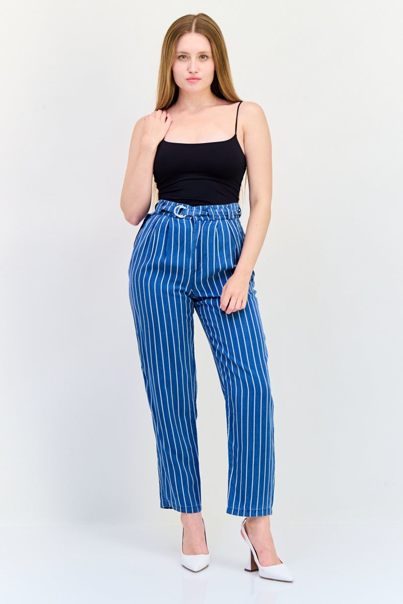 SALSA Women Regular Fit Belted Stripe Straight Pants, Multicolor - Image 4