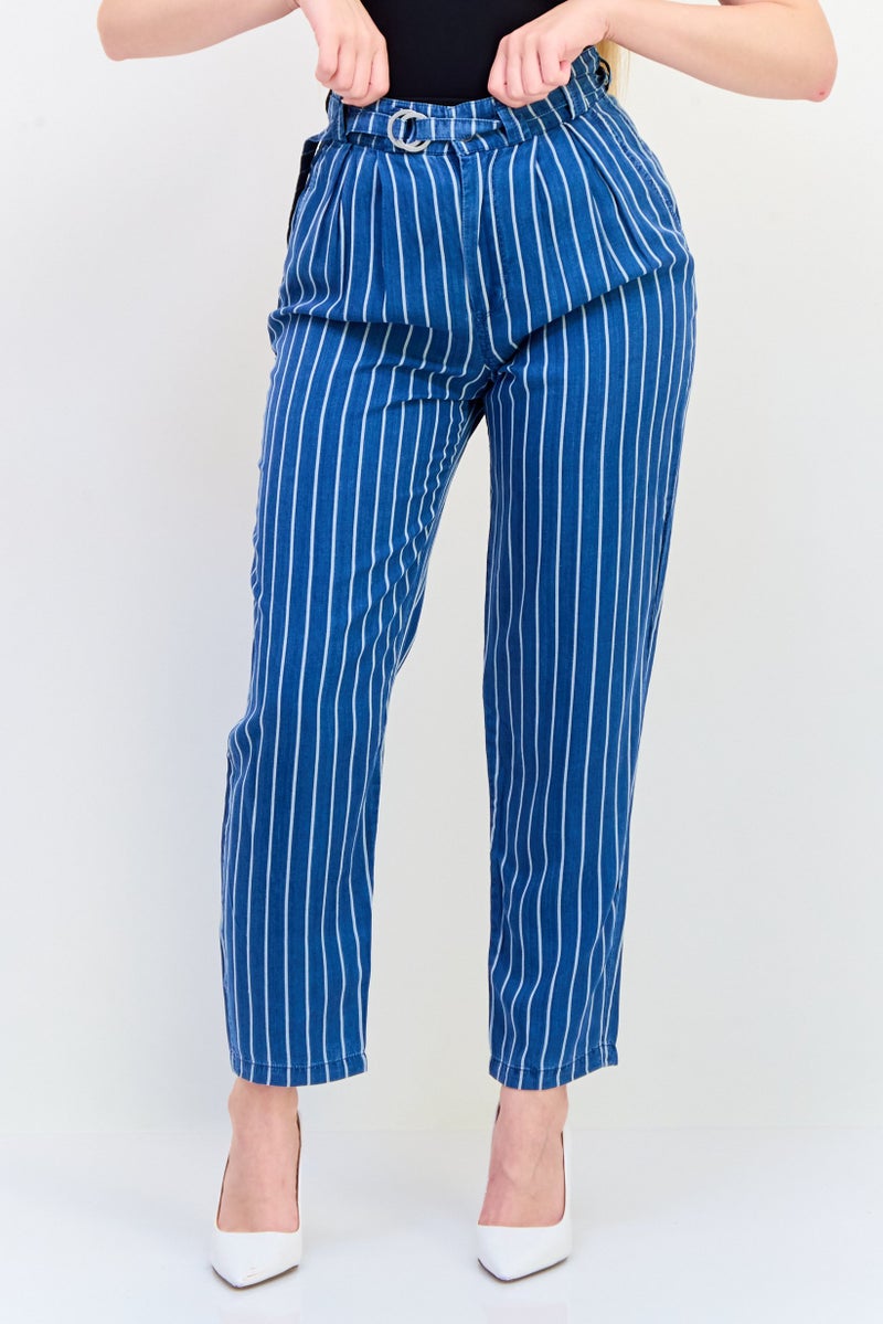 SALSA Women Regular Fit Belted Stripe Straight Pants, Multicolor - Image 1