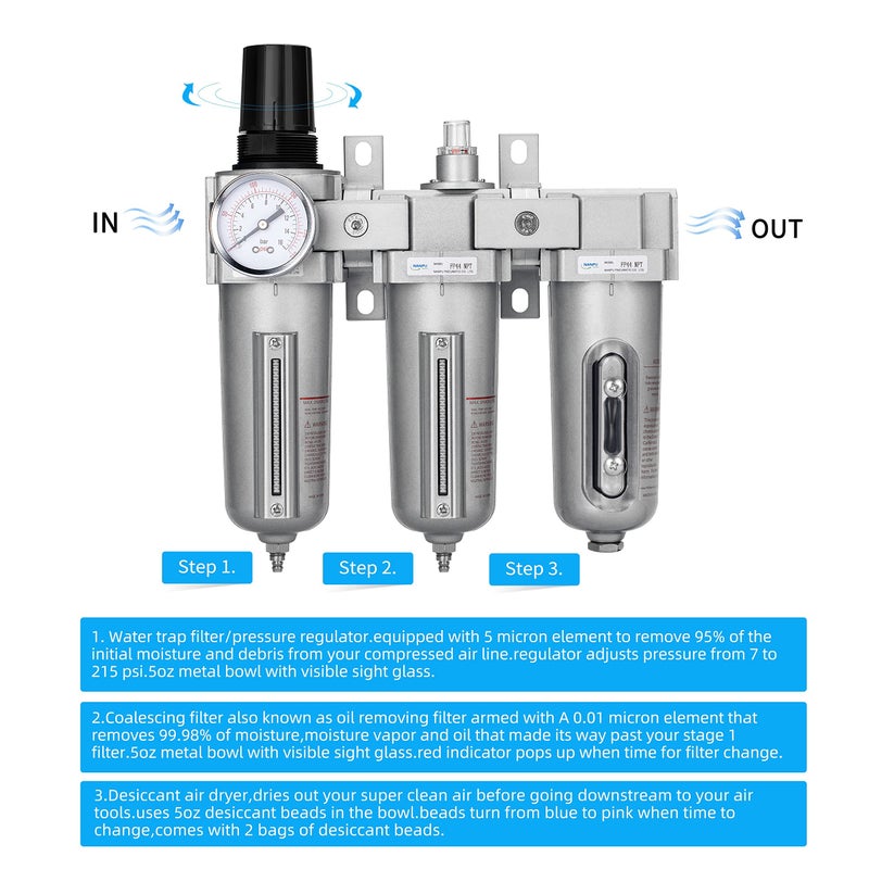 NANPU 1/2" NPT Industrial Grade 3 Stage Air Drying System - Particulate Filter, Coalescing Filter, Desiccant Dryer & Air Regulator, Metal Bowl, Manual Drain, Suitable for Paint Sprayï¼† Plasma Cutter - Image 4