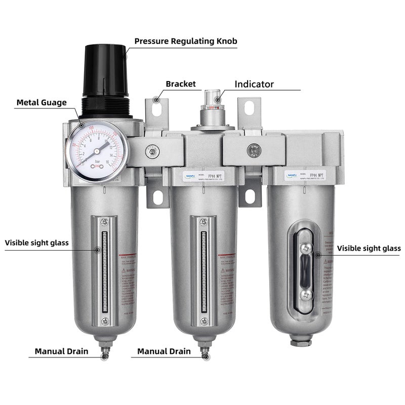NANPU 1/2" NPT Industrial Grade 3 Stage Air Drying System - Particulate Filter, Coalescing Filter, Desiccant Dryer & Air Regulator, Metal Bowl, Manual Drain, Suitable for Paint Sprayï¼† Plasma Cutter - Image 2