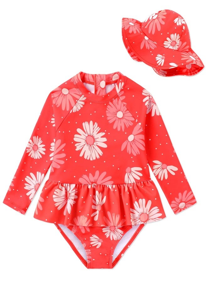 Redair Toddler Bathing Suit Girls One Piece Swimsuit 2t 3t Long Sleeve Ruffle Rash Guard UPF 50+ Sun Protection Red Floral - Image 1