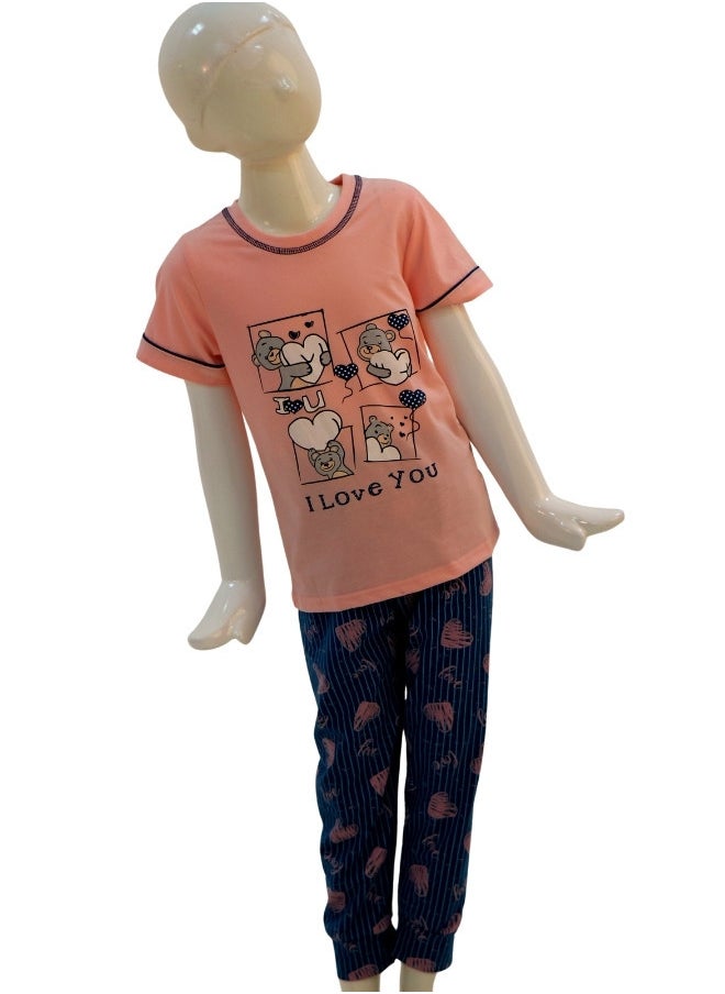 JOANNA - JOANNA Girl's I Love You Print Short Sleeve Shirt & Long Pants Pajama Set, Baby Pink - Image 1