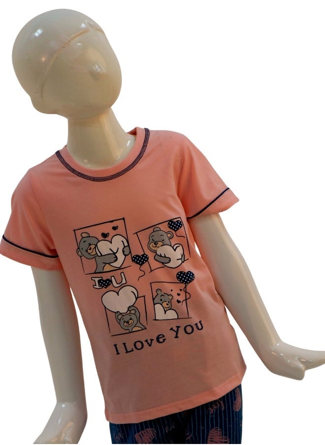 JOANNA - JOANNA Girl's I Love You Print Short Sleeve Shirt & Long Pants Pajama Set, Baby Pink - Image 1