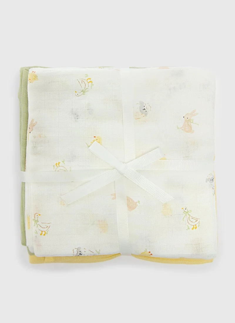 Matalan 3 Pack Baby Multicolour Spring Animal Muslin Cloths
