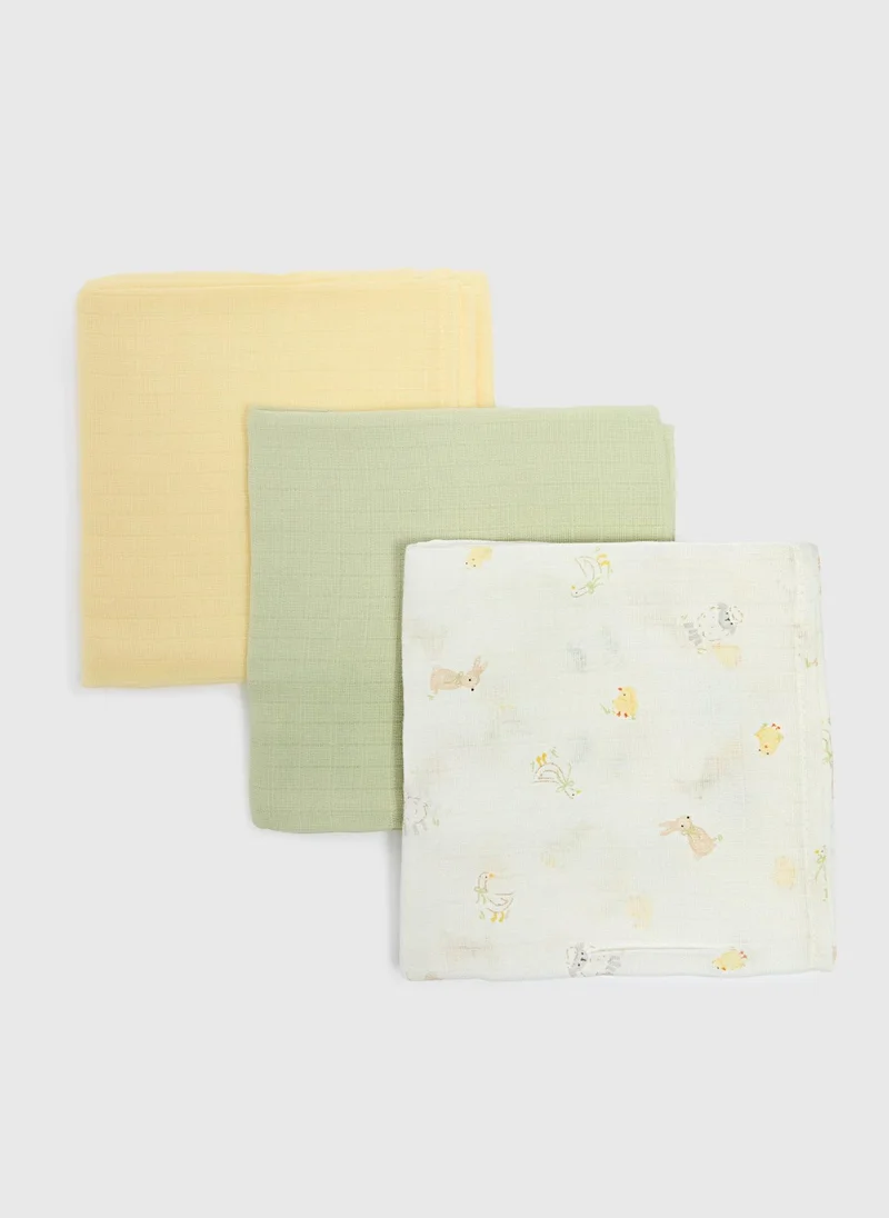 Matalan 3 Pack Baby Multicolour Spring Animal Muslin Cloths
