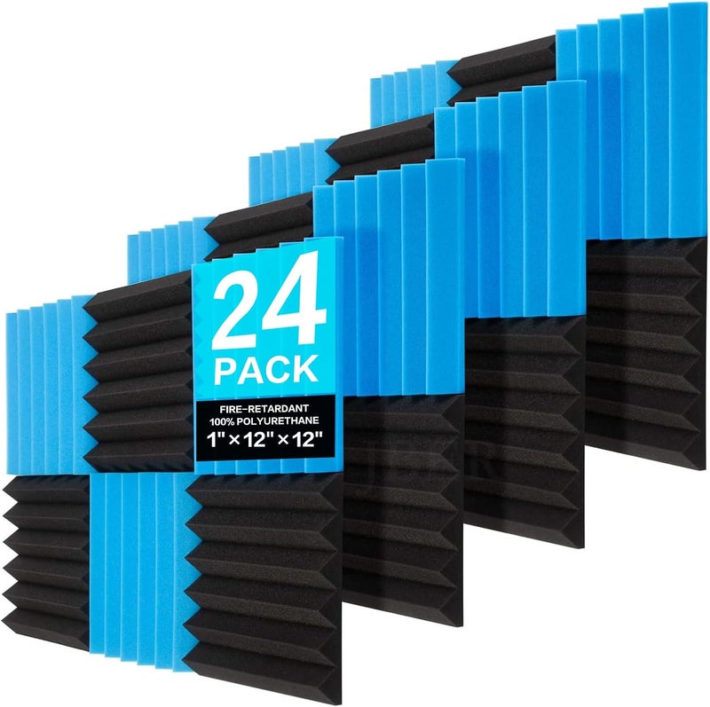 Jber 24 Pack Blue and Charcoal Acoustic Panels Studio Foam Wedges Fireproof Soundproof Padding Black Wall Panels 2" X 12" X 12" - Image 1