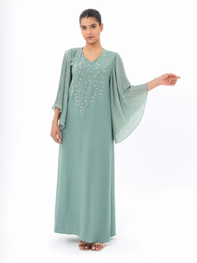 Elena By DStyle Green Pleated Sleeve Sequined Dress