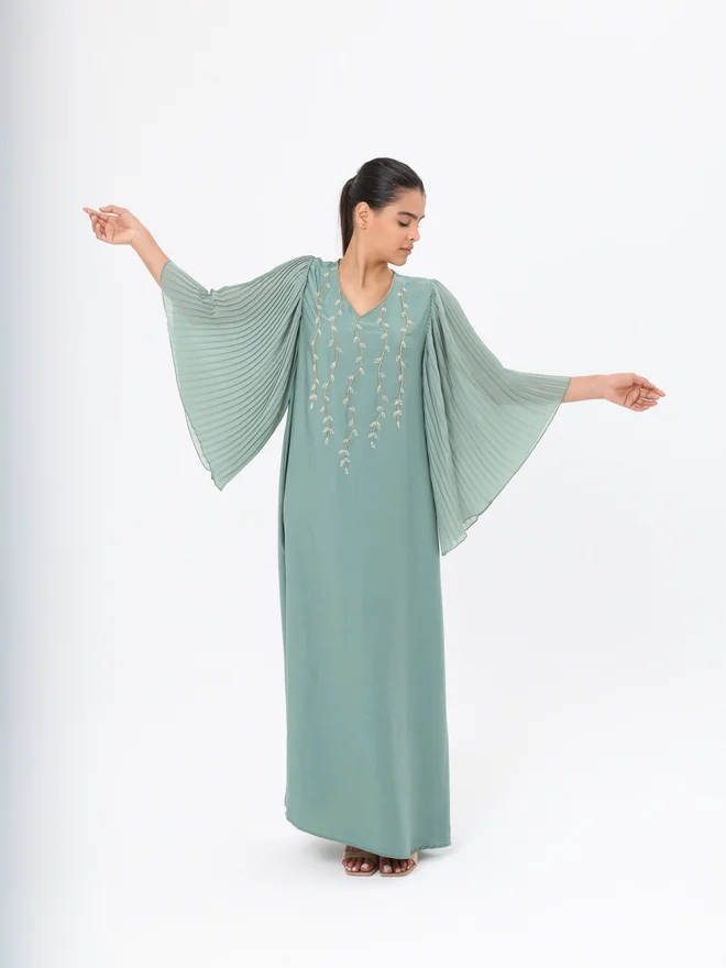 Elena By DStyle Green Pleated Sleeve Sequined Dress