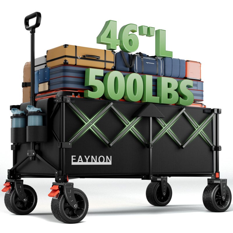EAYNON 46" L Collapsible Foldable Extended Wagon, 500LB Weight Capacity with 280L Heavy Duty Folding Cart,Utility Wagon with All-Terrain Beach Wheel & Drink Holders,Black - Image 1