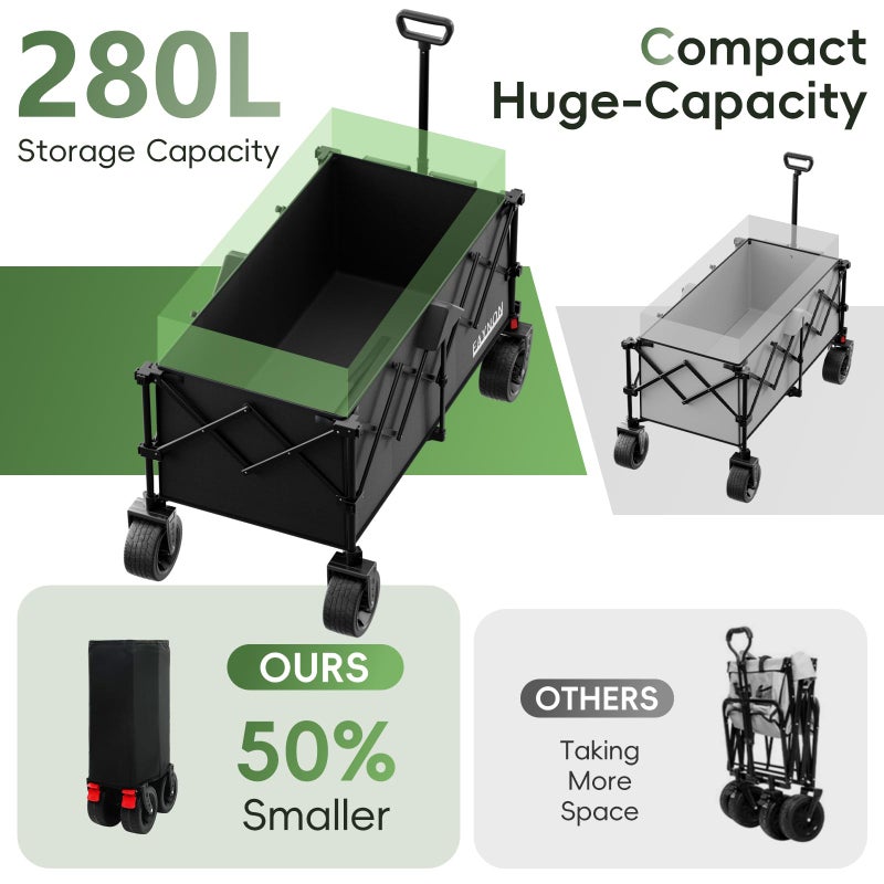 EAYNON 46" L Collapsible Foldable Extended Wagon, 500LB Weight Capacity with 280L Heavy Duty Folding Cart,Utility Wagon with All-Terrain Beach Wheel & Drink Holders,Black - Image 3