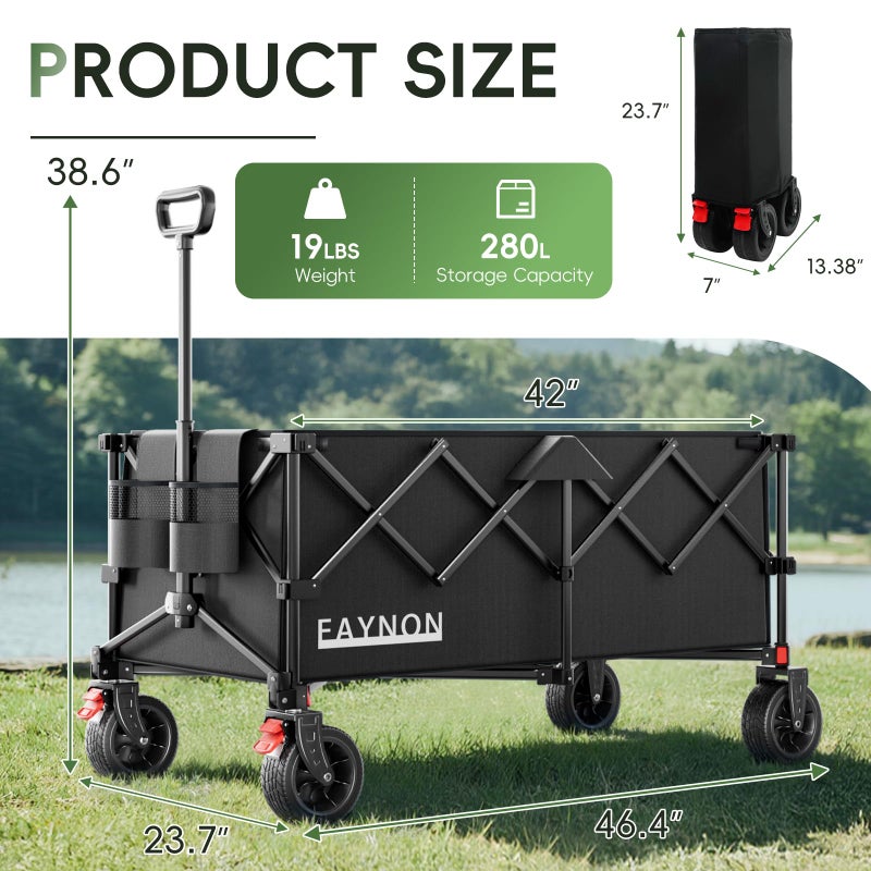 EAYNON 46" L Collapsible Foldable Extended Wagon, 500LB Weight Capacity with 280L Heavy Duty Folding Cart,Utility Wagon with All-Terrain Beach Wheel & Drink Holders,Black - Image 2