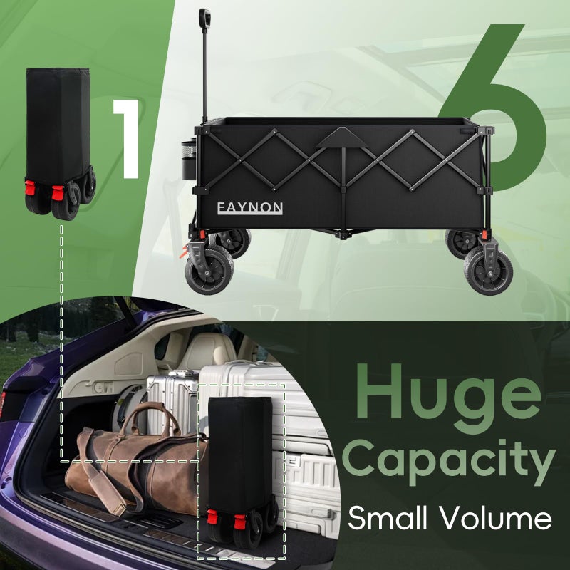 EAYNON 46" L Collapsible Foldable Extended Wagon, 500LB Weight Capacity with 280L Heavy Duty Folding Cart,Utility Wagon with All-Terrain Beach Wheel & Drink Holders,Black - Image 4