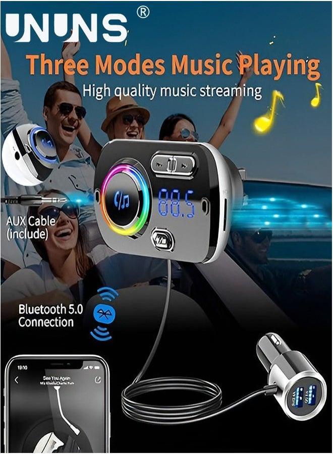 UNUNS Bluetooth FM Transmitter For Car,Wireless 5.0 Car Adapter,QC 3.0 5V 2.4A Fast Charger,TF Card,Aux,LED Backlit,Easy Attached To Air Vent,For MP3 Player,Hand-Free Call - Image 1