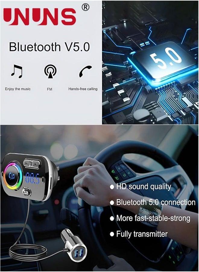 UNUNS Bluetooth FM Transmitter For Car,Wireless 5.0 Car Adapter,QC 3.0 5V 2.4A Fast Charger,TF Card,Aux,LED Backlit,Easy Attached To Air Vent,For MP3 Player,Hand-Free Call - Image 2