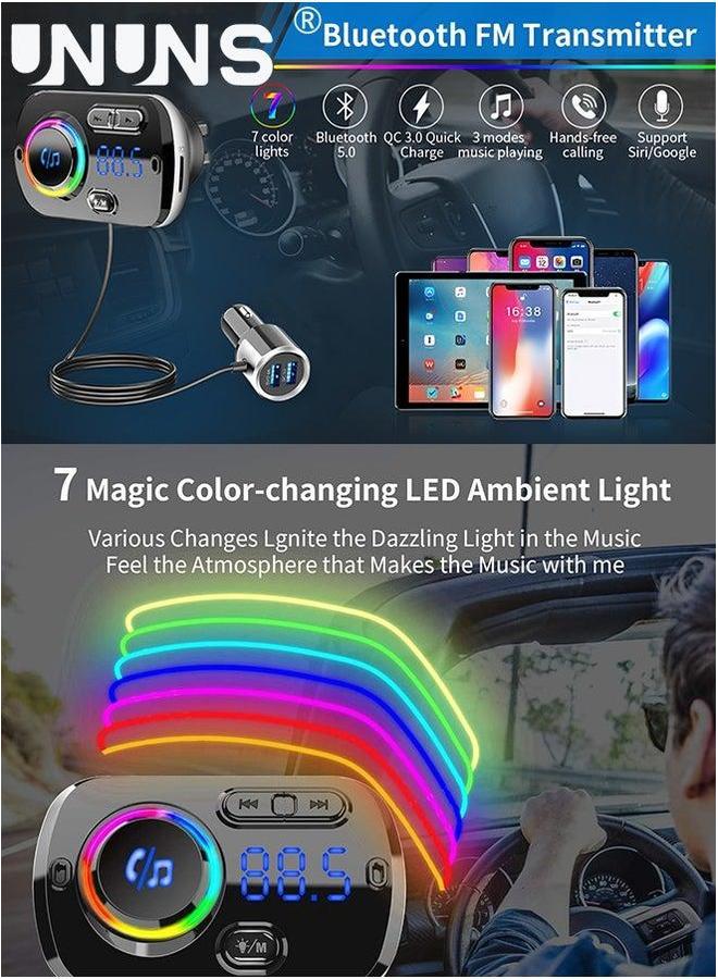 UNUNS Bluetooth FM Transmitter For Car,Wireless 5.0 Car Adapter,QC 3.0 5V 2.4A Fast Charger,TF Card,Aux,LED Backlit,Easy Attached To Air Vent,For MP3 Player,Hand-Free Call - Image 3