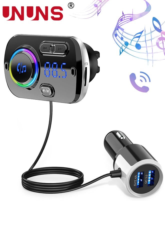 UNUNS Bluetooth FM Transmitter For Car,Wireless 5.0 Car Adapter,QC 3.0 5V 2.4A Fast Charger,TF Card,Aux,LED Backlit,Easy Attached To Air Vent,For MP3 Player,Hand-Free Call - Image 1