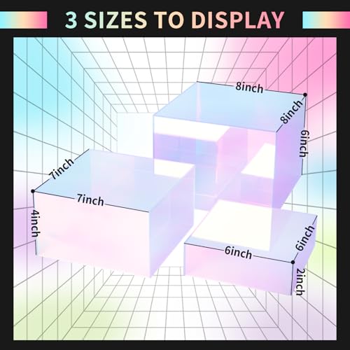 Jolboldy 3Pcs Iridescent Risers Display Stands, Stackable Acrylic Cubes Display Box, Nesting Rainbow Showcase for Collectibles Figures Jewelry Perfume Handbag Dessert Party, Neon Food Buffet Riser - Image 3