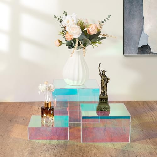 Jolboldy 3Pcs Iridescent Risers Display Stands, Stackable Acrylic Cubes Display Box, Nesting Rainbow Showcase for Collectibles Figures Jewelry Perfume Handbag Dessert Party, Neon Food Buffet Riser - Image 2