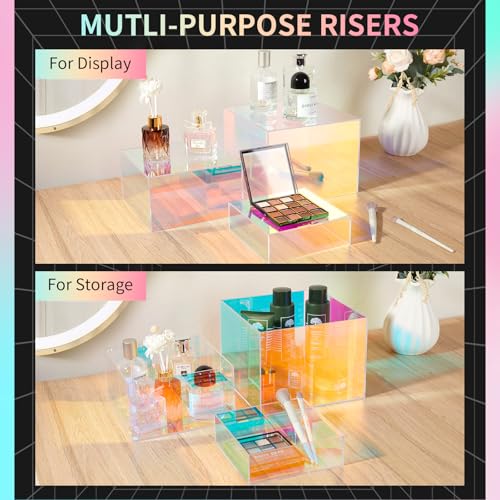 Jolboldy 3Pcs Iridescent Risers Display Stands, Stackable Acrylic Cubes Display Box, Nesting Rainbow Showcase for Collectibles Figures Jewelry Perfume Handbag Dessert Party, Neon Food Buffet Riser - Image 5
