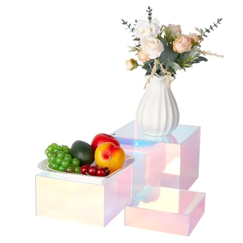Jolboldy 3Pcs Iridescent Risers Display Stands, Stackable Acrylic Cubes Display Box, Nesting Rainbow Showcase for Collectibles Figures Jewelry Perfume Handbag Dessert Party, Neon Food Buffet Riser - Image 1