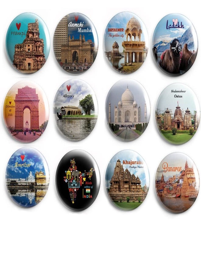AVI 58mm Regular Size Metal Pin- Up Badge Multicolor Jaisalmer Agra Banaras Ladakh India Travel Souvenir Design Pack of 12 Pin- Up Badges C12R8002474 - Image 1