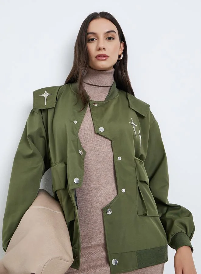 Styli Green Metal Stud Accent Utility Jacket