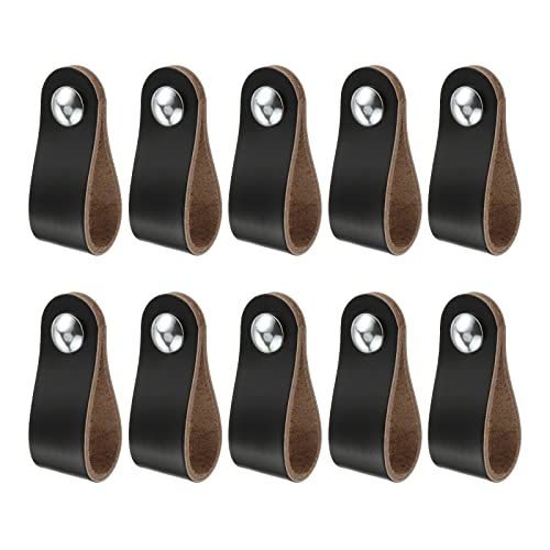 MOOTVGOO 10 Pack Leather Drawer Pulls 25 Black SingleHole Soft Leather Pull Handles with Short and Long Screws Perfect Replacement of Metal Cabinet Knobs for Dresser Cabinet Wardrobe Door - Image 1