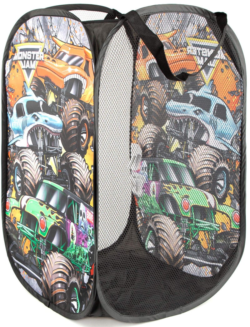 Jay Franco Monster Jam Break Out Pop Up Hamper - Mesh Laundry Basket/Bag with Durable Handles - Features Grave Digger & Megalodon - Image 2
