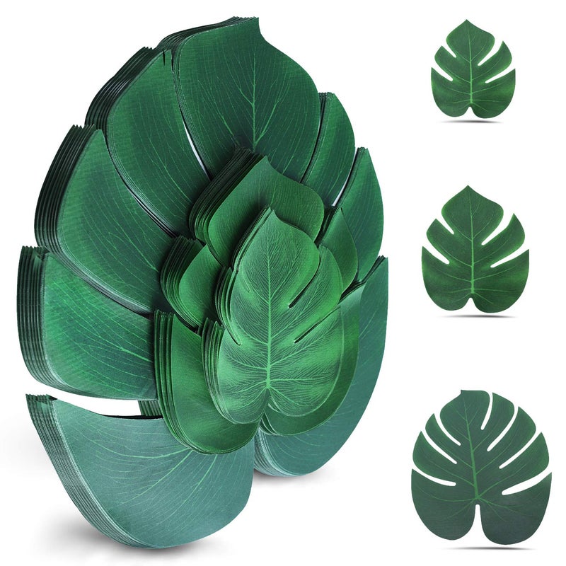 Toosci 100Pcs Palm Leaves Artificial Tropical Monstera Plant Fake Leaves Safari Birthday DecorationsJungle Theme Party SuppliesFaux Green Leaf for Hawaiian Luau Tiki Aloha Beach BBQ Table Decoration 3 Size
