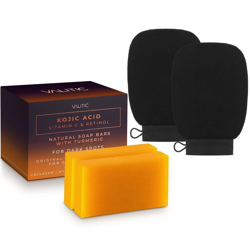VALITIC 2 Pack Kojic Acid Vitamin C  Retinol Soap Bars for Dark Spot  A Pair Of Black Exfoliating Gloves for Body Scrubs