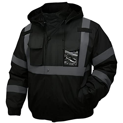 DPSAFETY Safety jacket for men,Reflective high Visibility Hooded jacket,Hi-Vis Bomber Jacket with Pockets and Zipper,Waterproof,Black Bottom,ANSI/ISEA 107-2020 Type R Class 3,Black - Image 1