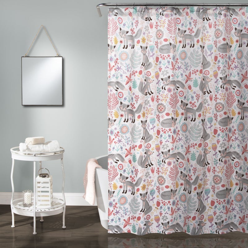 Lush Decor Lush Decor Pixie Fox Shower Curtain 72 W x 72 L Gray  Pink  Whimsical Floral  Fox Pattern  Fun Kids Shower Curtain  Woodland Kids Bathroom Decor 