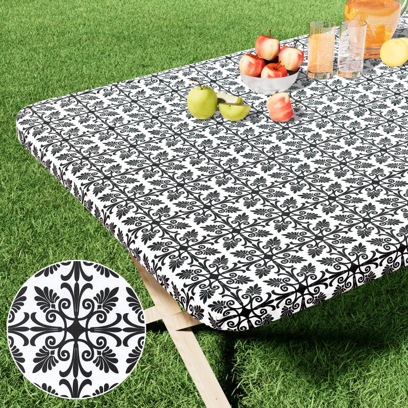 misaya Rectangle Vinyl Table Cloth Elastic Fitted Flannel Backed Tablecloth 100 Waterproof Plastic Table Cover Fits 6 Foot Folding Tables for Picnic Camping Outdoor Black 30 x 72