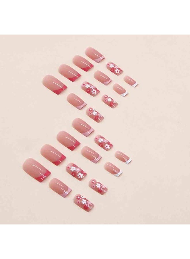 Foccna Square False Press on Nails Pink Medium Acrylic Fake Nails Flower Design for Girl Full Cover Wear Finger Nail Art Tips for Women&Girls 24PCS - Image 2