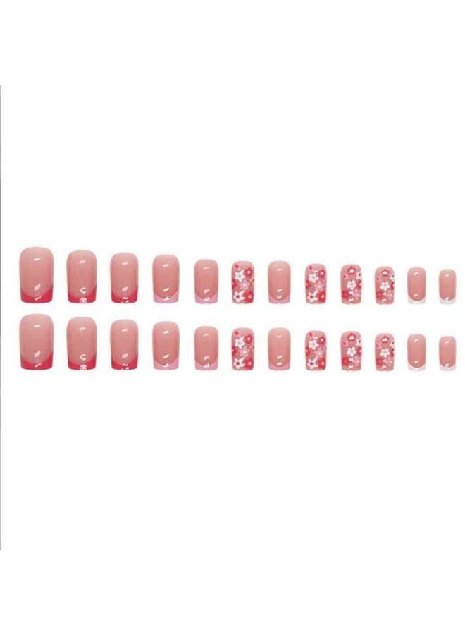 Foccna Square False Press on Nails Pink Medium Acrylic Fake Nails Flower Design for Girl Full Cover Wear Finger Nail Art Tips for Women&Girls 24PCS - Image 4
