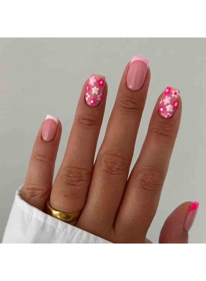 Foccna Square False Press on Nails Pink Medium Acrylic Fake Nails Flower Design for Girl Full Cover Wear Finger Nail Art Tips for Women&Girls 24PCS - Image 1