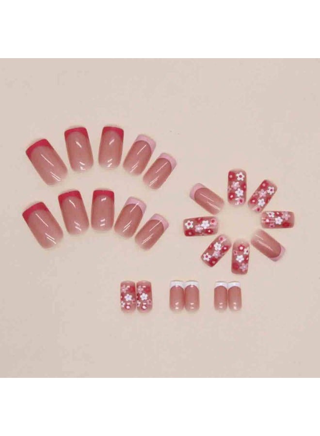 Foccna Square False Press on Nails Pink Medium Acrylic Fake Nails Flower Design for Girl Full Cover Wear Finger Nail Art Tips for Women&Girls 24PCS - Image 3