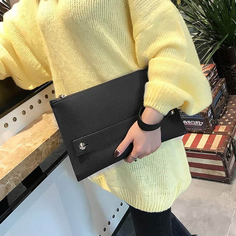 NIGEDU Women Envelope Clutch Bag PU Leather Female Day Clutches Large Purse Evening Bags with Wrist Strap (Black) - Image 2