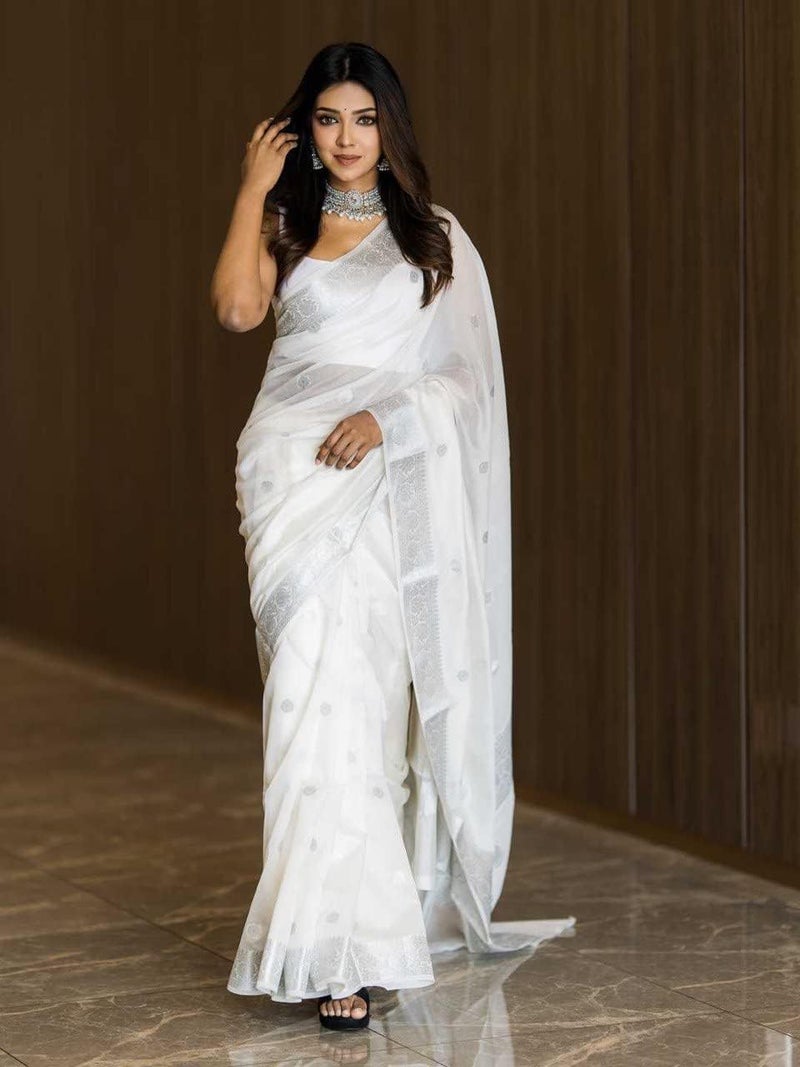 C J Enterprise Women's Banarasi Pure Kanjivaram Silk Saree Cotton Spun Saree for Wedding Soft Design Wear Pattu Sarees Latest Sari With Blouse Piece sadi new ladies Party 2025 (Fatima-51) (White) - Image 2