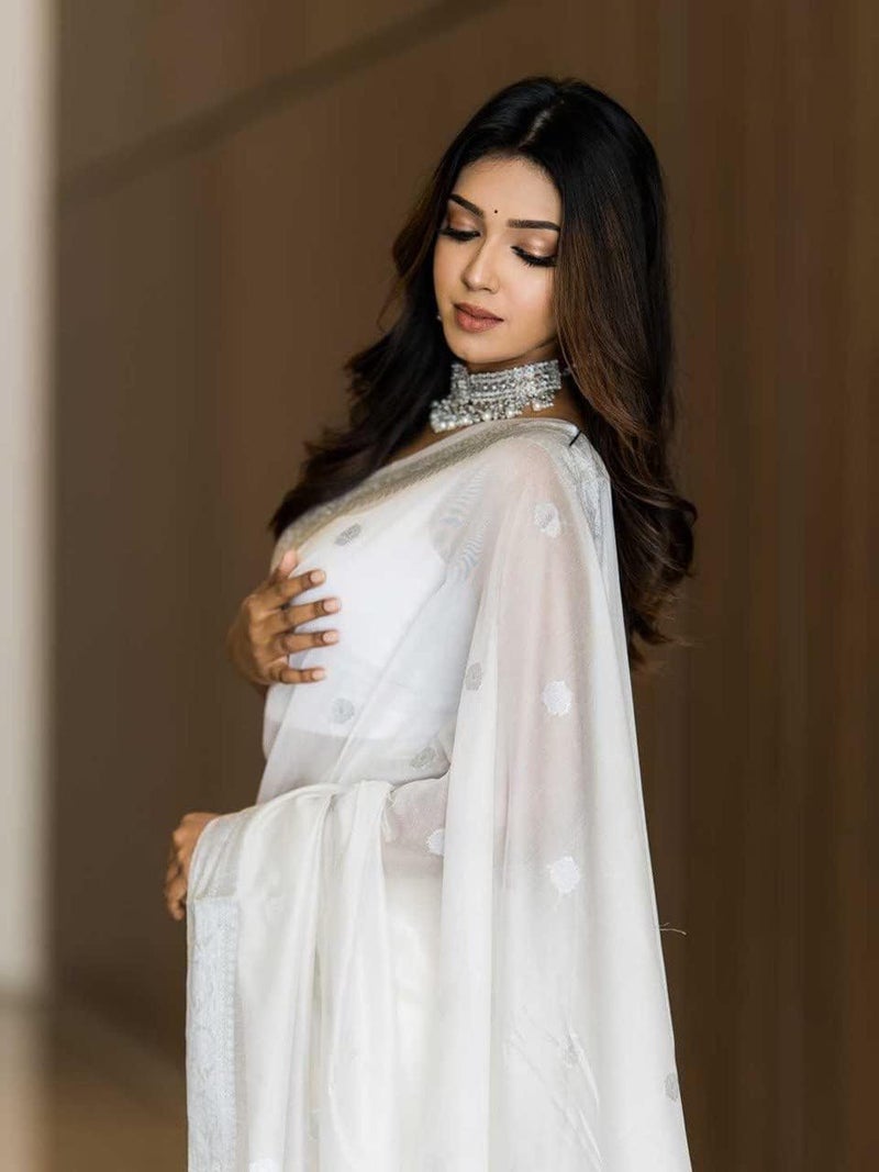 C J Enterprise Women's Banarasi Pure Kanjivaram Silk Saree Cotton Spun Saree for Wedding Soft Design Wear Pattu Sarees Latest Sari With Blouse Piece sadi new ladies Party 2025 (Fatima-51) (White) - Image 4
