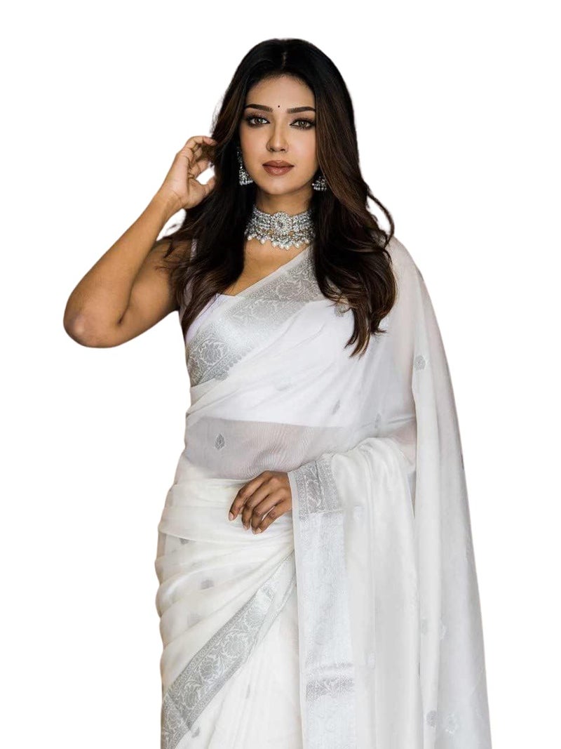 C J Enterprise Women's Banarasi Pure Kanjivaram Silk Saree Cotton Spun Saree for Wedding Soft Design Wear Pattu Sarees Latest Sari With Blouse Piece sadi new ladies Party 2025 (Fatima-51) (White) - Image 1