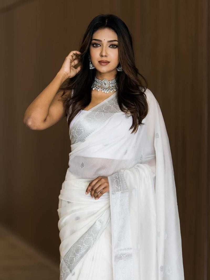 C J Enterprise Women's Banarasi Pure Kanjivaram Silk Saree Cotton Spun Saree for Wedding Soft Design Wear Pattu Sarees Latest Sari With Blouse Piece sadi new ladies Party 2025 (Fatima-51) (White) - Image 5