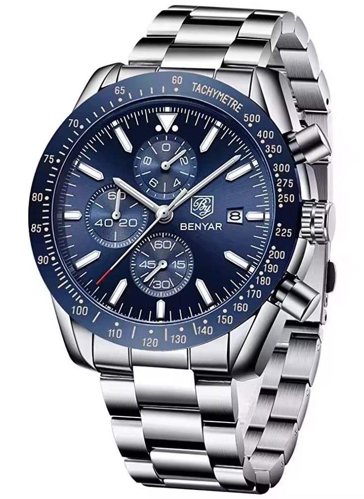 BENYAR Watches for Men Watch Quartz Luxury Stainless Steel Water Resistant Chronograph Watch 5140 Silver  - Image 1