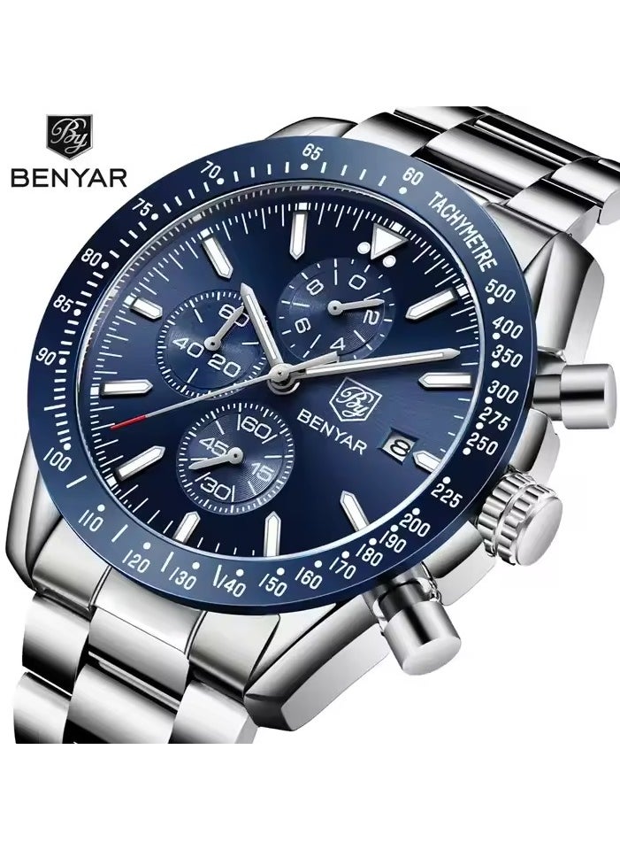 BENYAR Watches for Men Watch Quartz Luxury Stainless Steel Water Resistant Chronograph Watch 5140 Silver  - Image 2