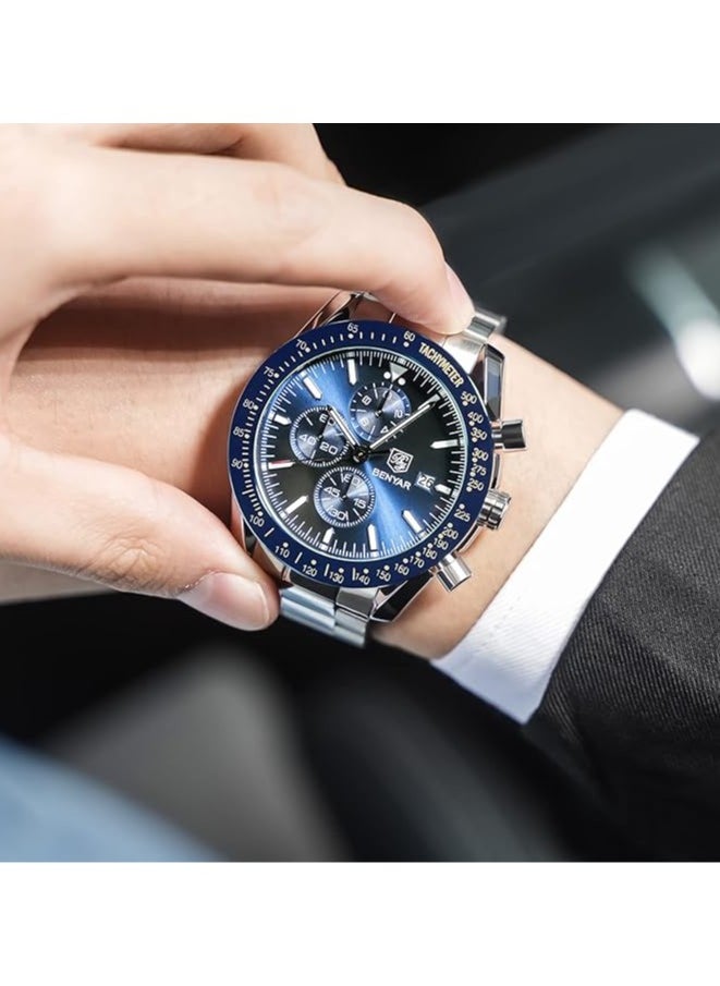 BENYAR Watches for Men Watch Quartz Luxury Stainless Steel Water Resistant Chronograph Watch 5140 Silver  - Image 4