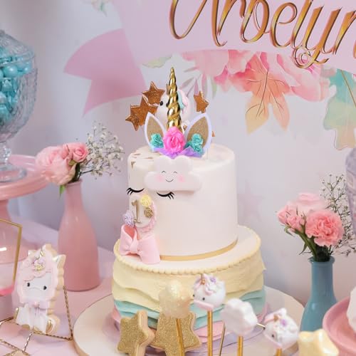 coonoe, Unicorn Cake Topper,Handmade Party Cake Decoration Supplies with Eyelashes and stack,Reuasble Gold Horn for Birthday Party,Baby Shower, Wedding - Image 3